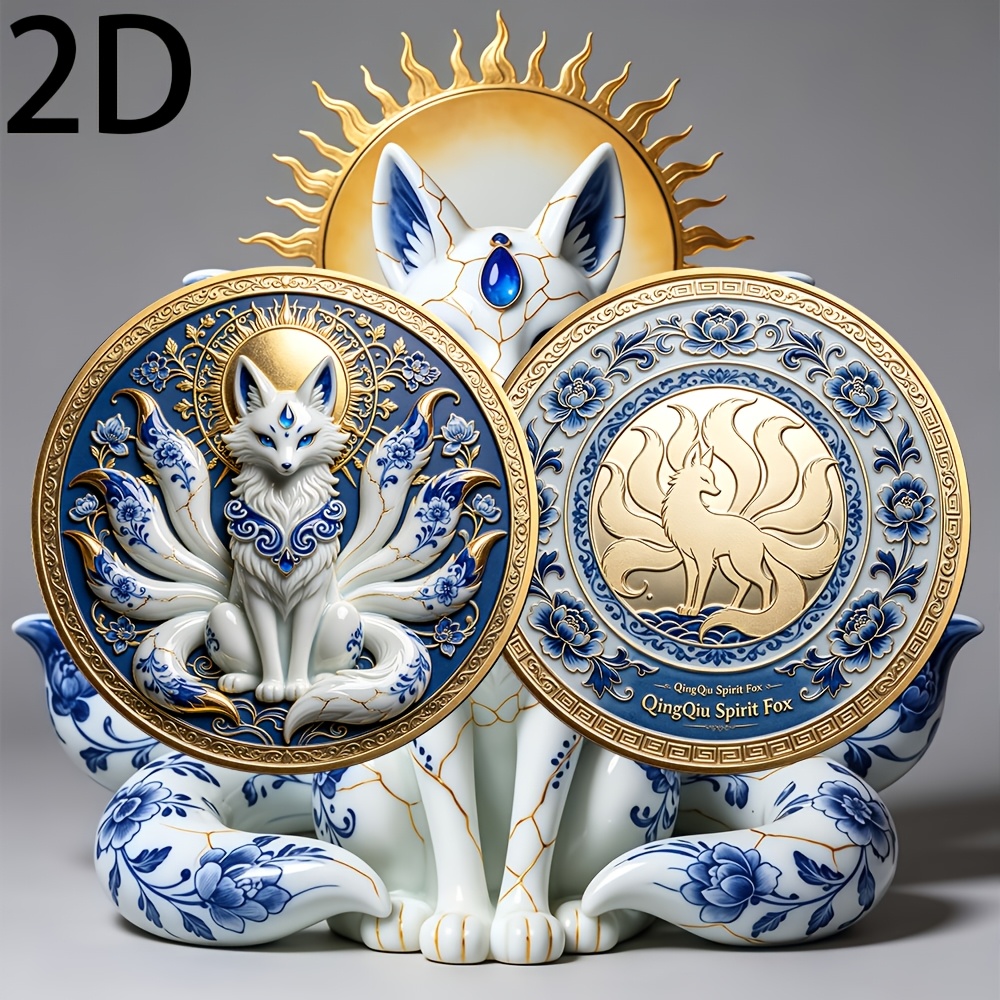 TEMU 1pc 2d Double-sided Nine-tailed Fox Commemorative Coin, Showcasing Classical Aesthetic Atmosphere, Desktop Decoration Ornament, Individual Coin,