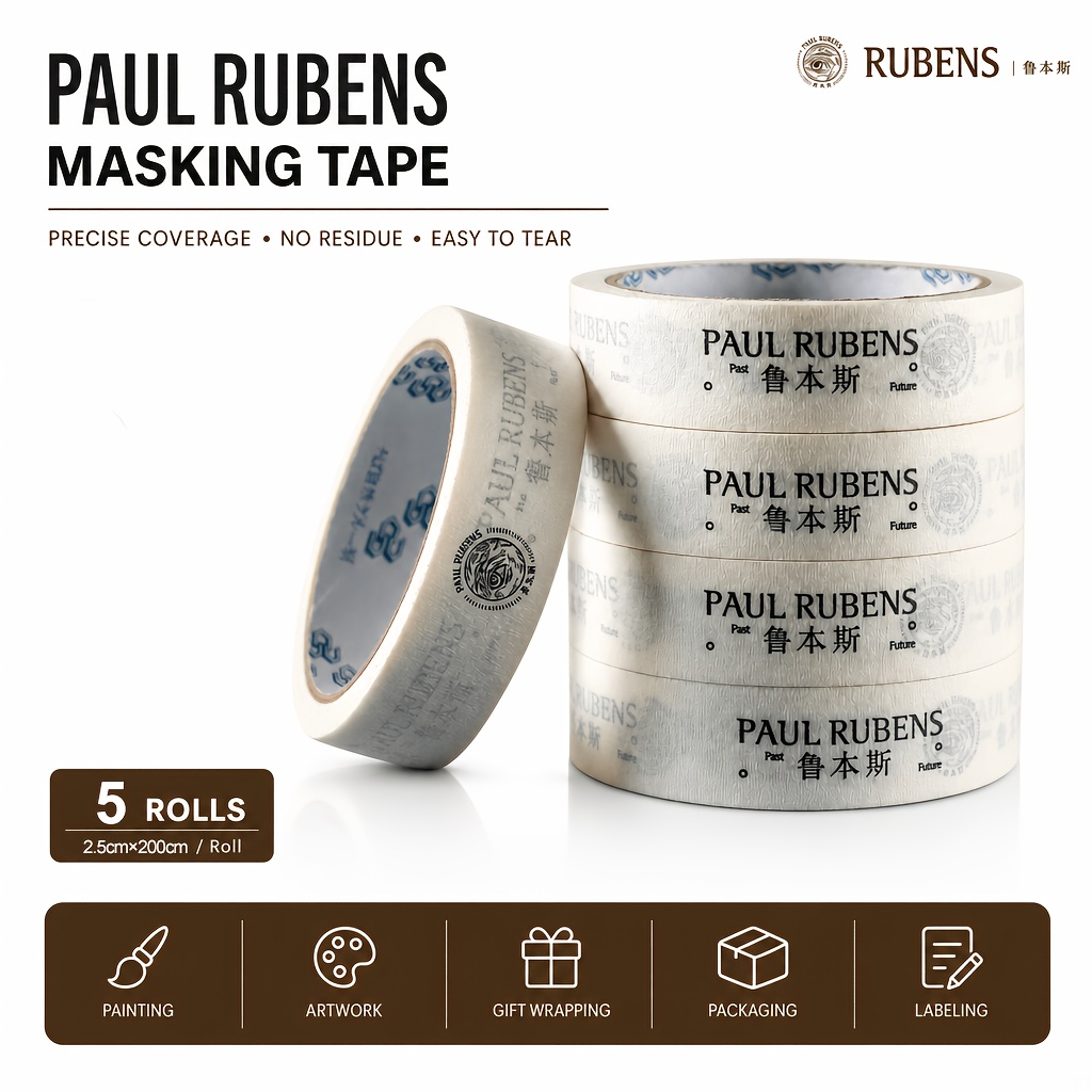 TEMU Rubens 5pcs Artist Grade Masking Tapes, 20 Meters Per Roll, , Water Soluble, Super Strong Adhesive - Suitable For Painting, Framing, Watercolor,