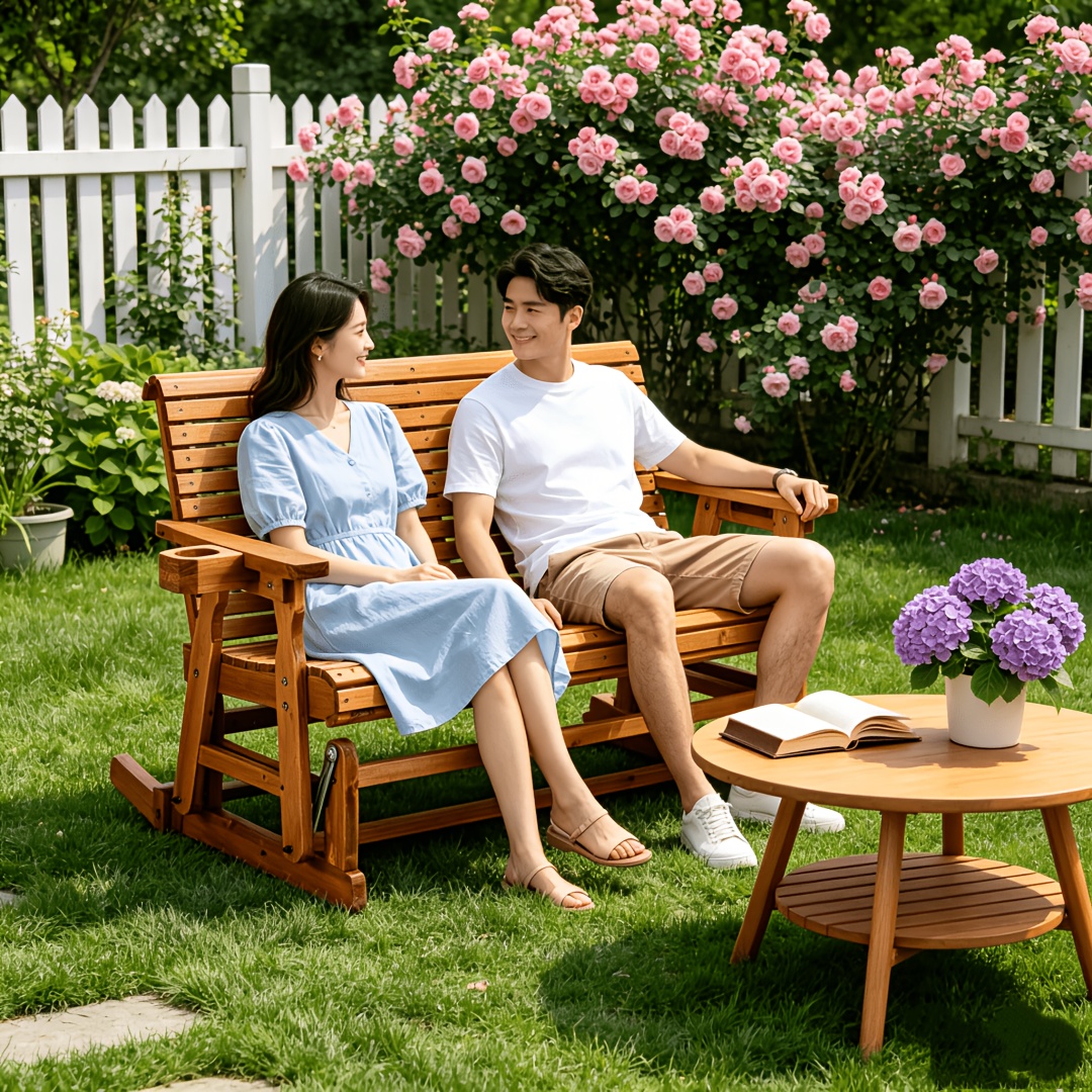 TEMU Outdoor Glider Bench Wood Patio Glider With Cup Holders, Porch Glider Chair Outdoor Bench Glider Loveseat With Smooth Rocking Mechanism, Heavy