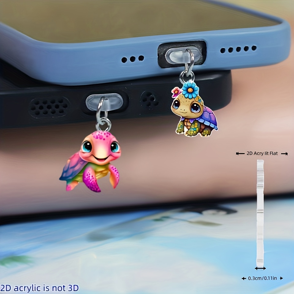2d Flat 2pcs Turtle Couple Phone Dust Plugs, Featuring A Unique 2d Flat Acrylic Style, Compatible With Iphone, Type-c, And Devices