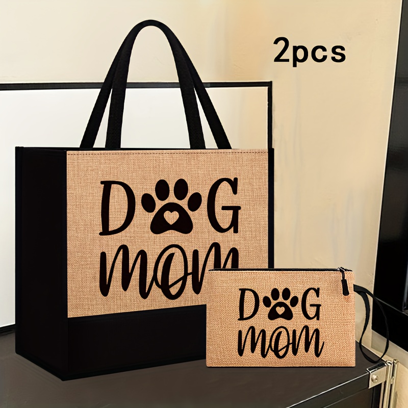 

Dog Mom Printed Tote Bag Set With Fabric Cosmetic Pouch - Large Capacity Shoulder Tote For Women, Fashionable Linen Material With No-closure, Lined Interior, Accessory Bag Included (2 Pcs Set)