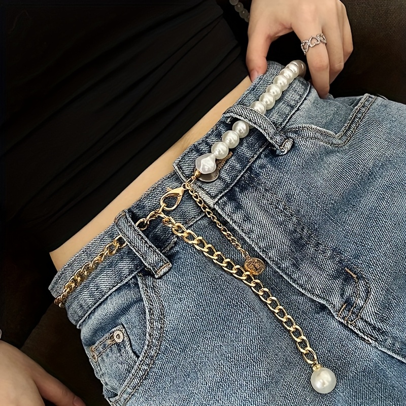 Image of 1pc Women's Belt, Fashion Pearl Elegant Easy Waist Belt, Matching Dress Shirt Coat Waist Cincher Jeans Decor Belt