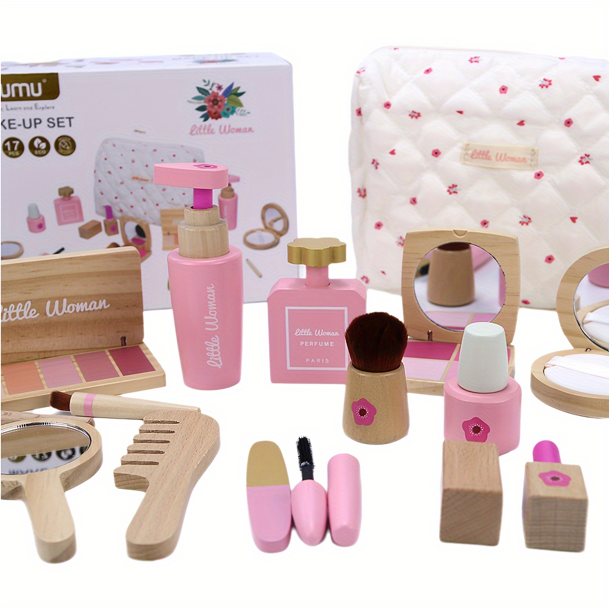 17pcs wooden playset for   princess dress up makeup kit with dollhouse accessories diy crafts and educational toys perfect gift for girls on birthdays halloween thanksgiving christmas