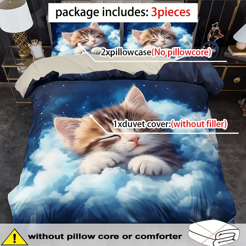 TEMU 3pcs Quilt Cover Set, Cartoon Animal Cat Print Duvet Cover Set, King Bedding, Polyester Machine Washable, Quilt Decoration, Bedroom , Birthday