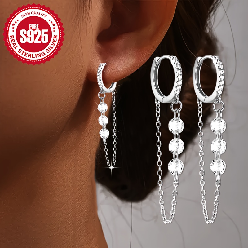 S925 Silver, A Pair Of Hoop Earrings With Zirconia Chain, , Unique, Light Luxury Temperament, Perfect For Daily Wear And Parties, An Ideal Gift For Women, Hypoallergenic