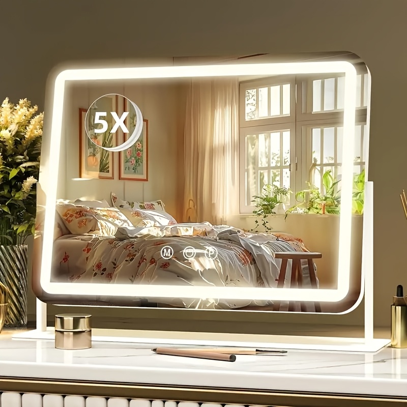 Niuphia Lighted Vanity Mirror With 3 Color Lighting & Dimmable Led-5x, Usb-powered Makeup Mirror For Skincare, Grooming - White