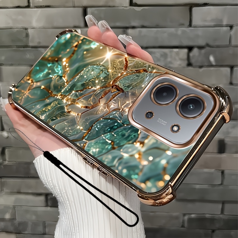 TEMU Phone Case - 2d Flat, 2pcs Set: Includes 1 Phone Case And 1 Strap, Green Texture Art 2d Flat, Phone Case, Suitable For Redmi 15c, Unisex Lanyard