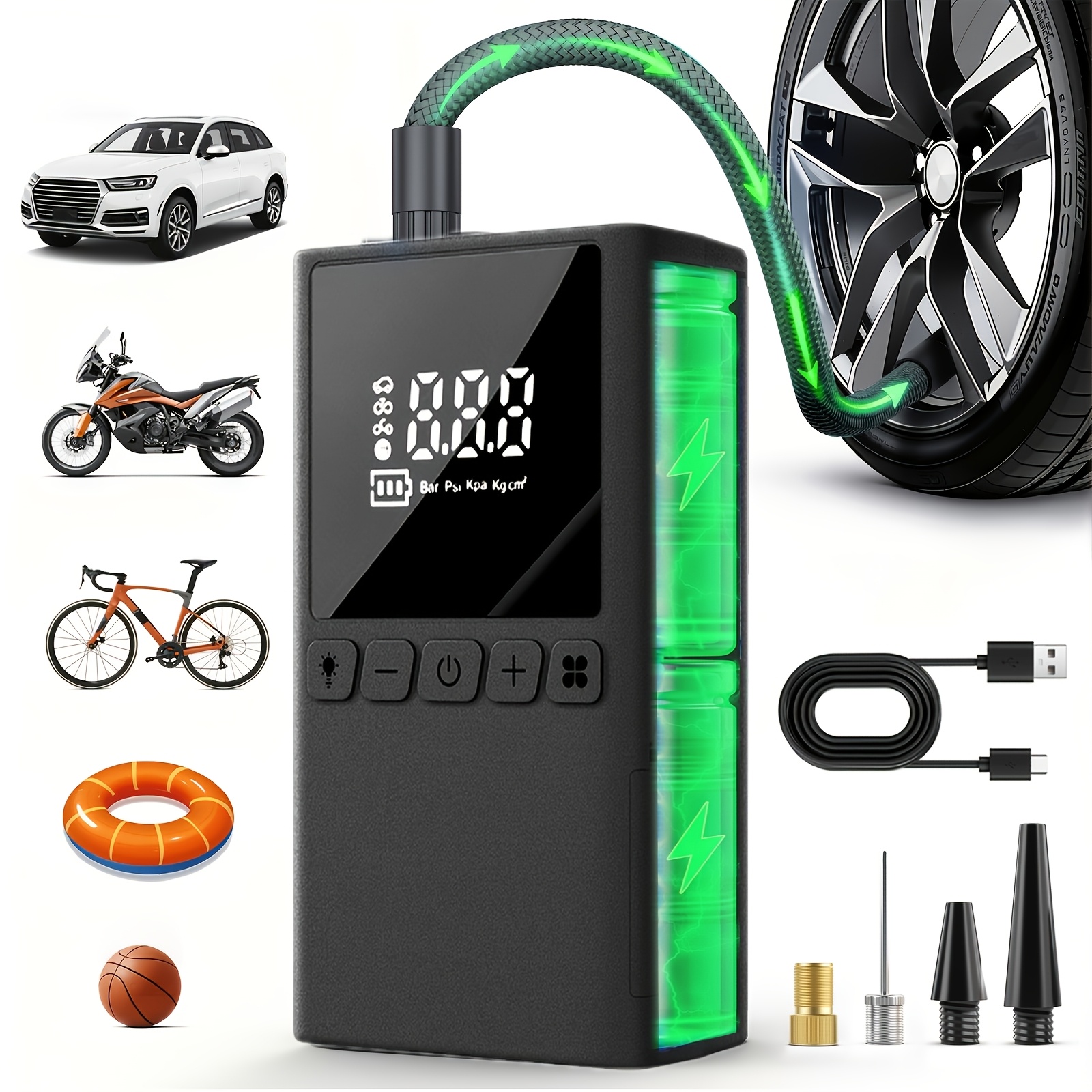 E-shop 2026 Neue tragbare Luftpumpe, wiederaufladbarer Akku, USB Typ C Ladeanschluss, mit Beleuchtung, geeignet zum Aufpumpen von Reifen von Autos,