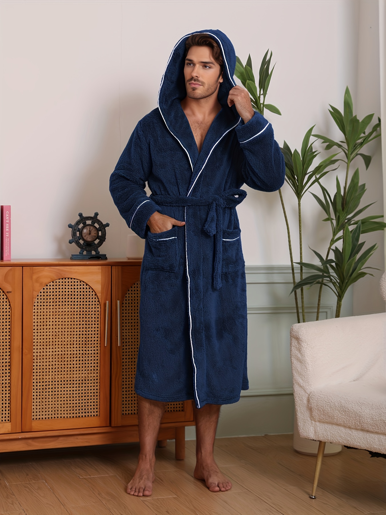 1pc Men's Plush Hooded Robe with Pajama Jacket & Pants-like Design - Heavy-Duty Winter Robe, Belted Waist & Double Pocket - Machine Washable Luxury Sleepwear for Home, Spa, Lounge - Navy Blue (No Dry-Clean)