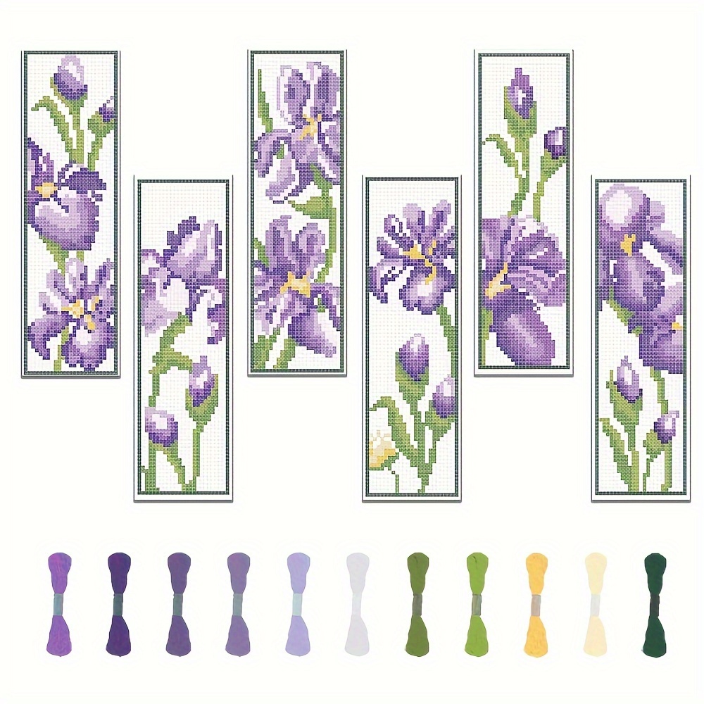 TEMU 6pcs Floral Bookmark Stitch Kit With Purple - Diy Craft Set For Beginners, Includes Instructions & Random Color Embroidery Supplies