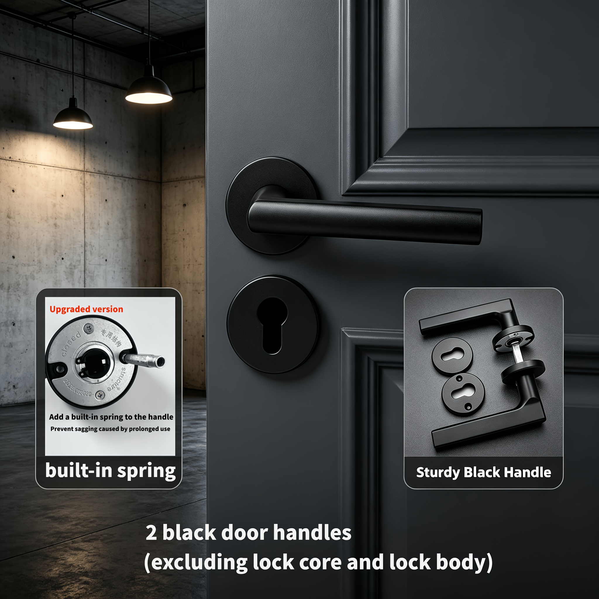TEMU 2 Black Door Handles (excluding Lock Core And Lock Body) With Spring Anti Sagging | Comfortable Grip|door Hardware Tools | Door Lock Replacement