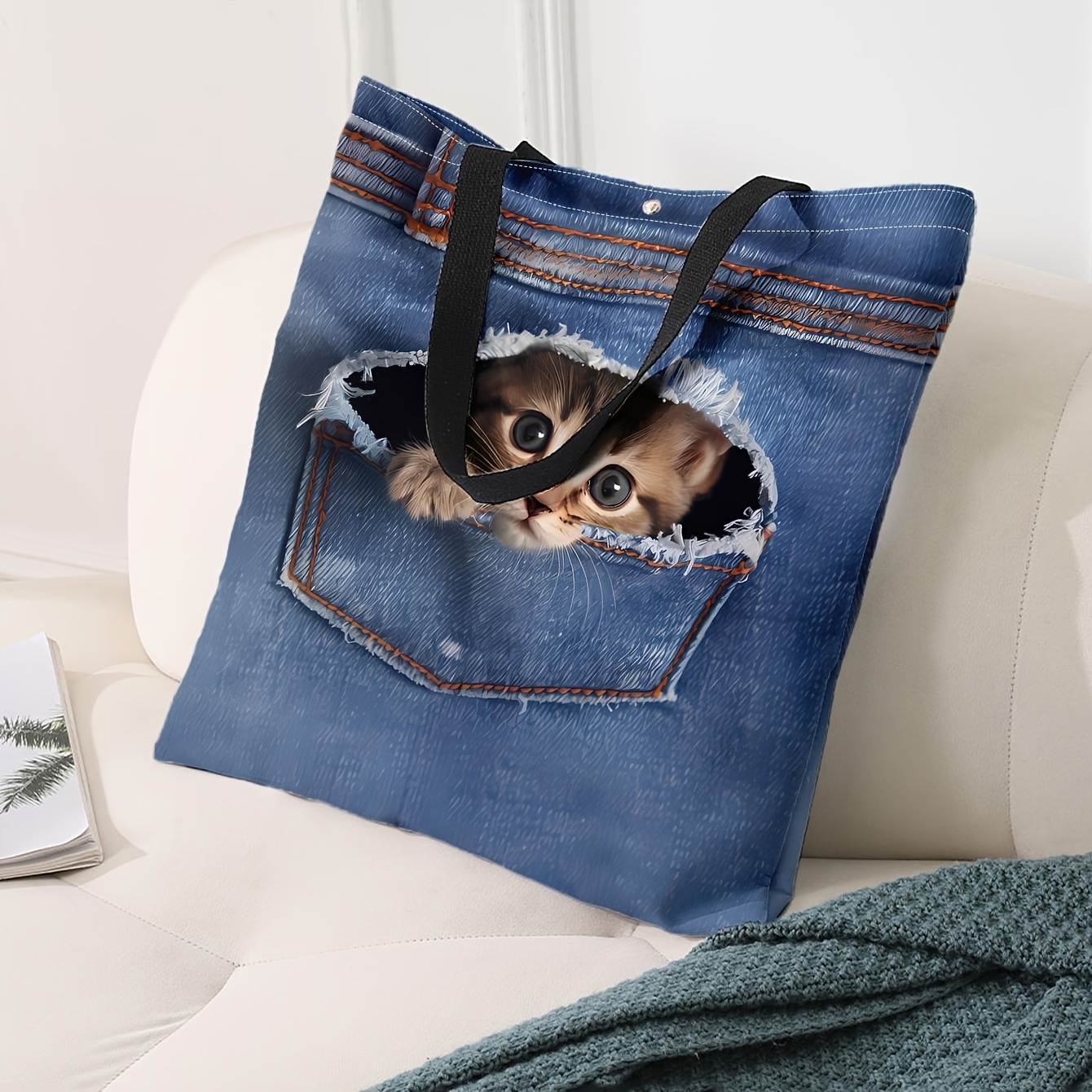 

Chic Denim-look Cat Print Tote Bag - Reusable, Snap Closure With Multi-functional Design