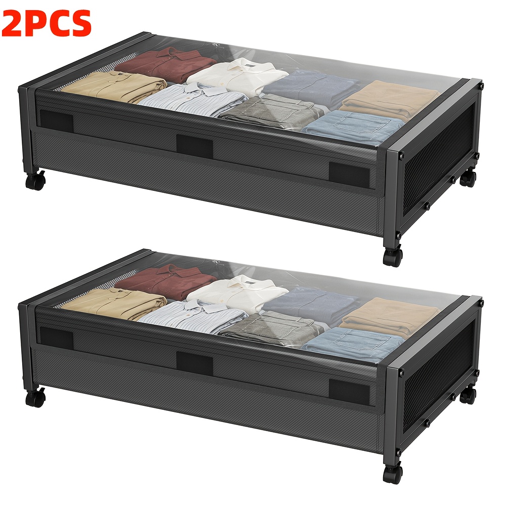 TEMU 2pcs Under Bed Storage, Metal Frame, Large Under Bed Storage Containers With Wheels For Clothes, Shoes, Rolling Underbed Storage Organizer Bins