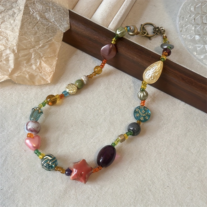 Vintage Bohemian Multicolor Stone Beaded Choker with Glass Accents, Star Pendant Necklace for Women, Unplated Sexy Collar Necklace for Daily and Party Wear - 1pc