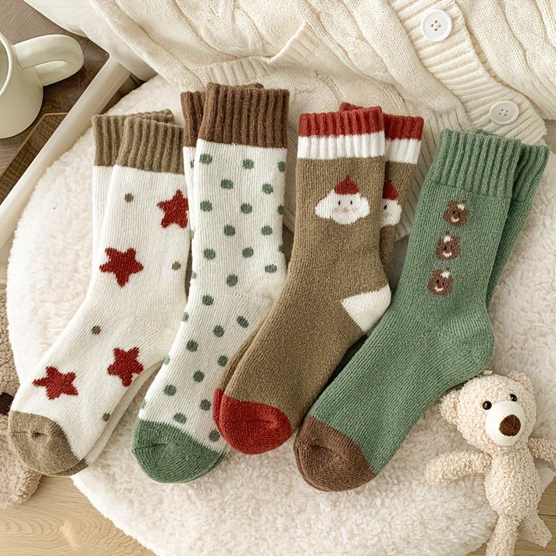 

4pcs Cozy & Cute Women's Mid-calf Socks - , Fleece With Bear & Snowman Designs, Christmas