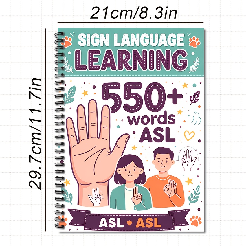 TEMU Asl Learning & Workbook (8..7 Inches, 23 Sheets, 550 Asl Words); Spiral-bound; Cover Features A Light Purple Banner And Paw Print Design;