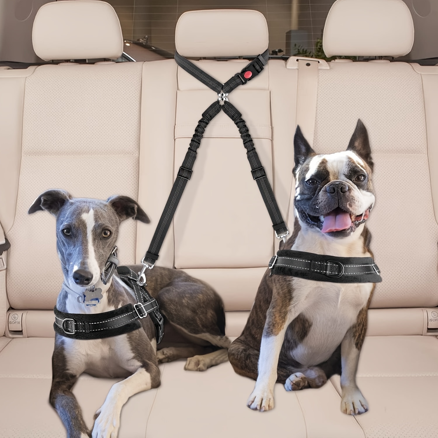 

Nylon Vehicle Harnesses With Adjustable Leash, No-tangle Dual Pet Car Headrest Restraint Safety Belts For , Hand Wash Only