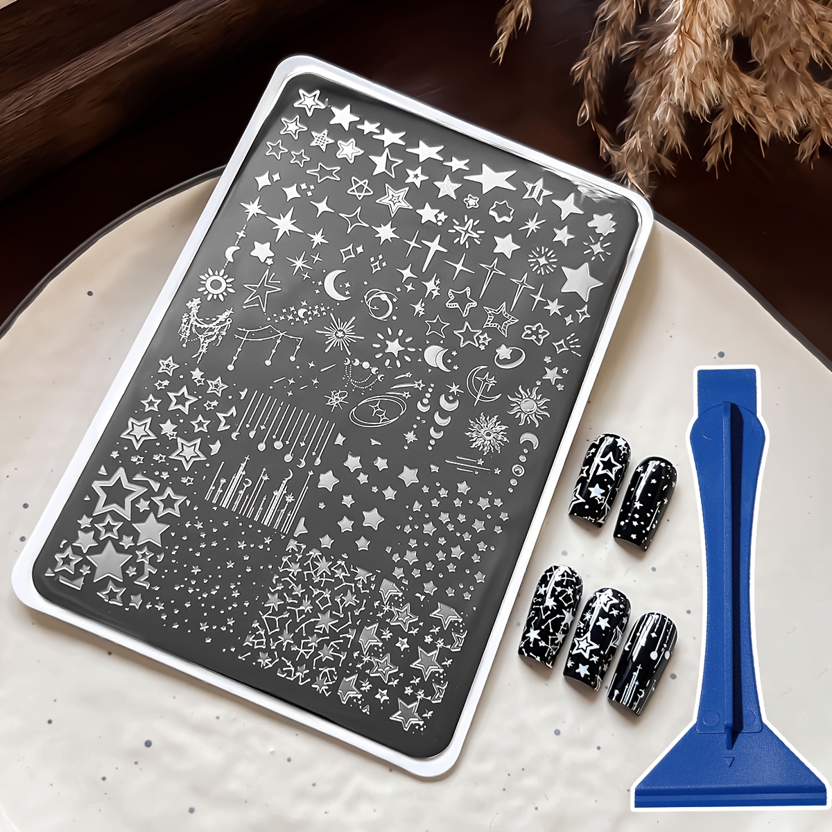E-shop Nagelkunst Stempelplatte Set mit Stern und Mond, inklusive Schaber, geeignet für Ramadan und Eid Designs, ermöglicht Stern- und