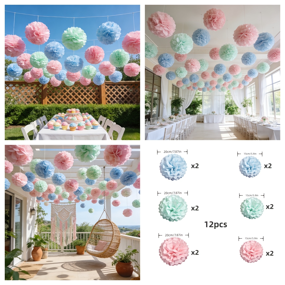 TEMU 12pcs Macaron Color Paper Pom Pom Set, Pink, Mint Green, Light Blue Paper Craft Pom Poms For Decoration – Colorful Pom Pom Decor, Foldable Party
