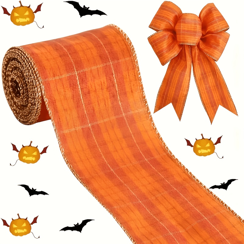 TEMU 1 Roll 5 Yards 2.5" Orange Stripe Burlap Ribbon With Wired Edge Ribbon For Thanksgiving Fall Halloween Christmas For Arts And Crafts Gifts Tree
