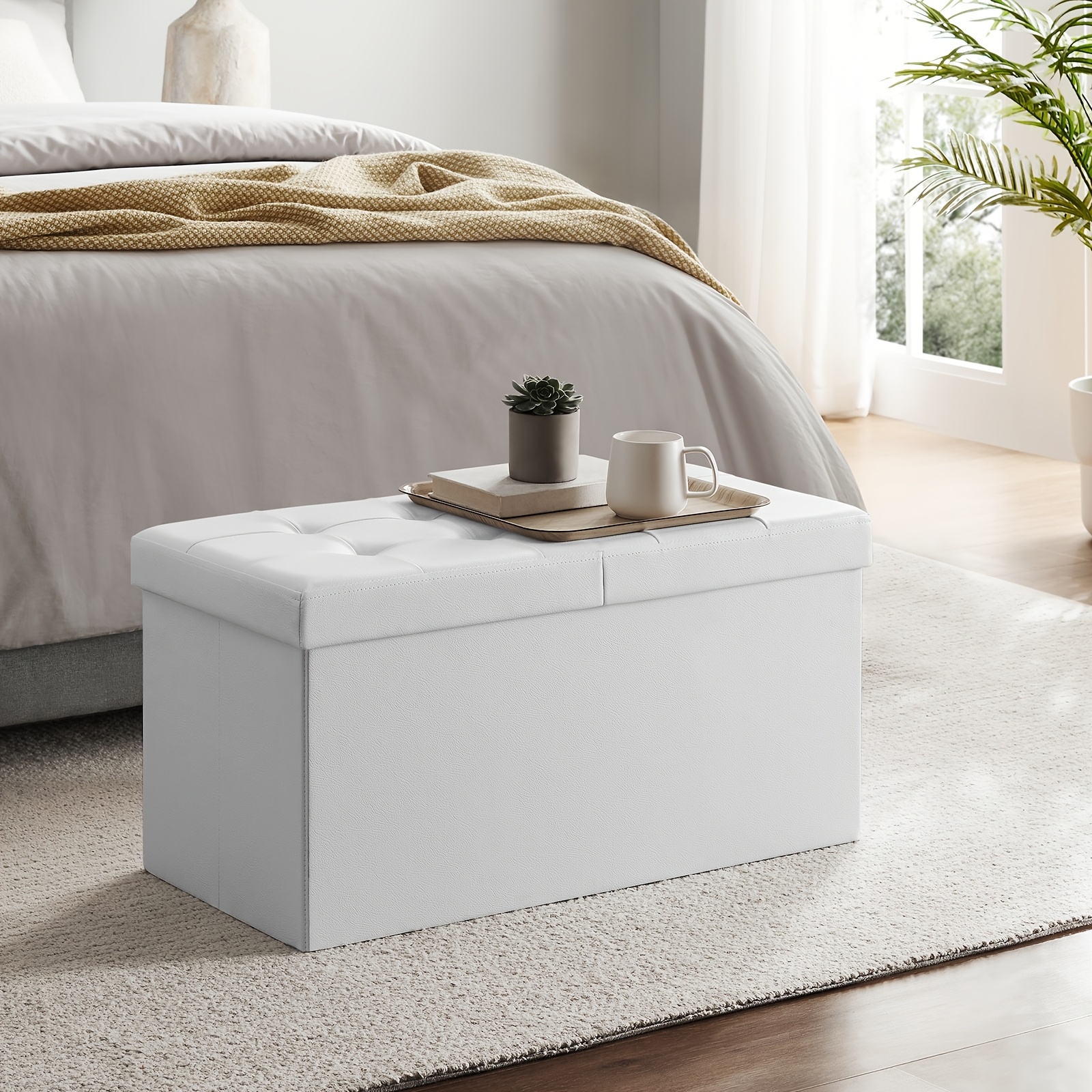 Storage Ottoman, 89l Storage Chest With Hinged Lid, Bench With Padded Seat, Foldable, 38 X 76 X 38cm