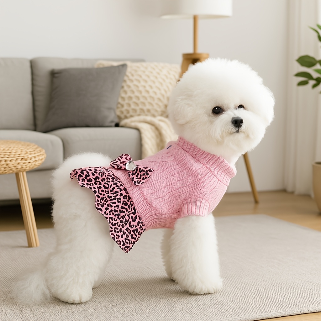 TEMU 1pc Winter Warm Dog Sweater Dress For Small Dogs - Soft Knit Turtleneck Sweater With Plaid Skirt & Bowtie, Machine Washable Cozy Outfit For