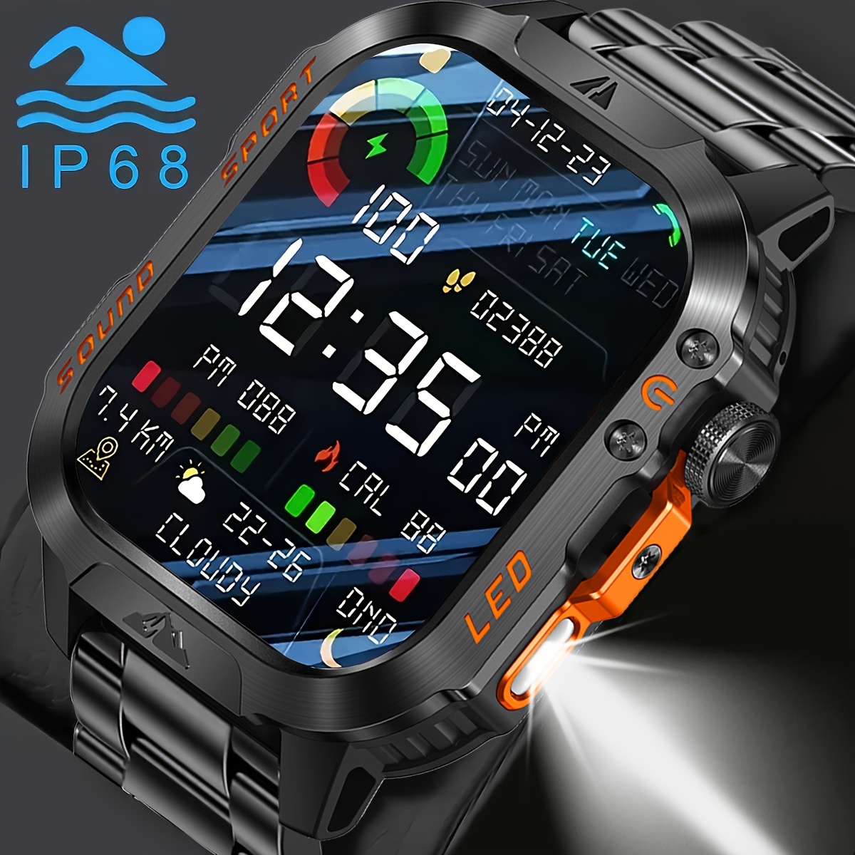TEMU Men's 2. 01 Inch Smart Watch, Wireless Call, 100 Mode, Led Flashlight, Purple Light, Mobile Phone Sync, Information, Compatible With Iphone &