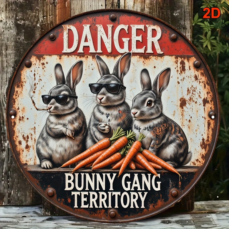 TEMU 2d Flat, [2d Flat] 20.32x20.32cm Round Aluminum Sign - " Rabbit Gang " Vintage Decorative Sign Featuring A Cool Rabbit Design, Suitable For Wall
