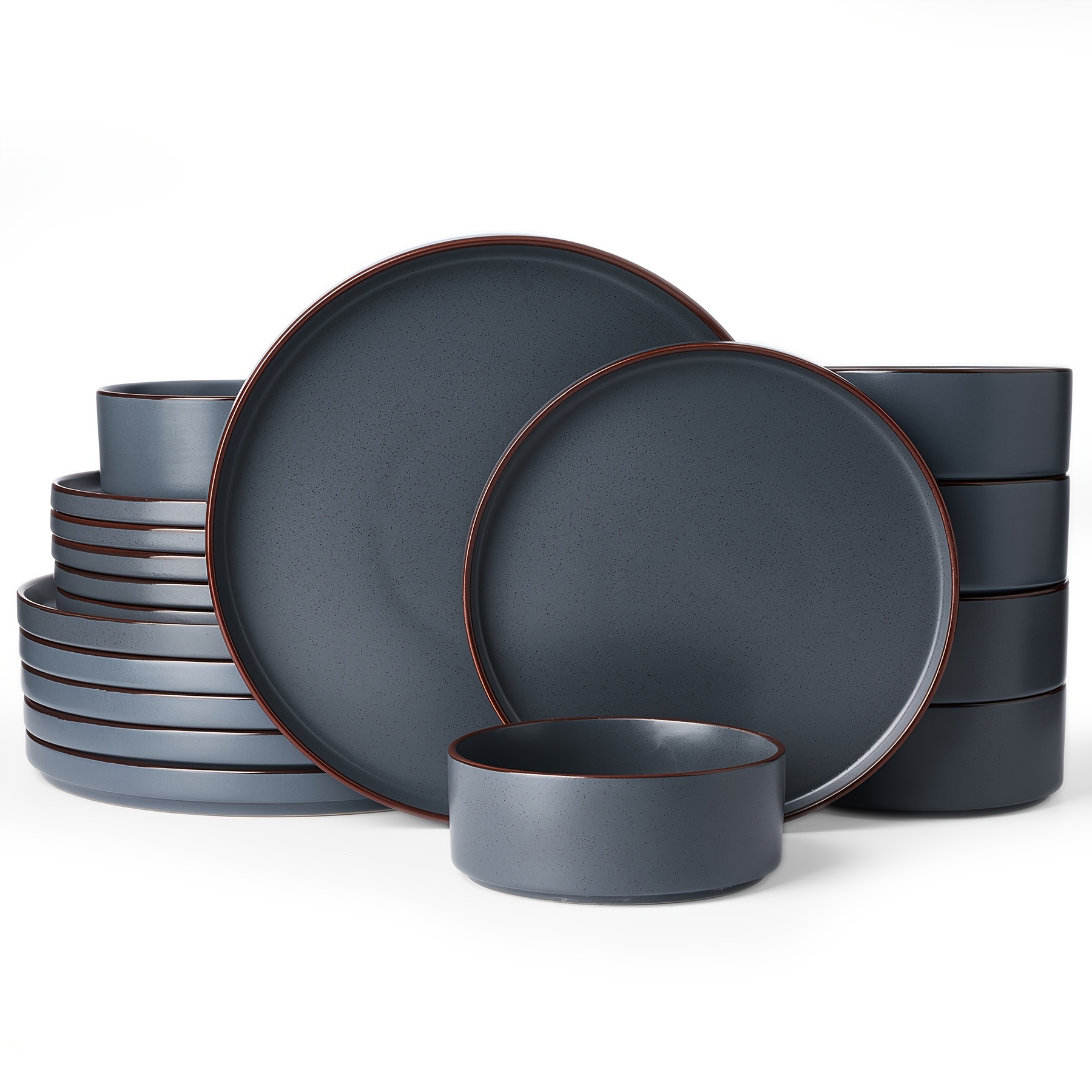 Image of 18pcs Plates And Bowls Set, Stoneware Dinnerware Sets For 4, With Unique Rim, Matte Black