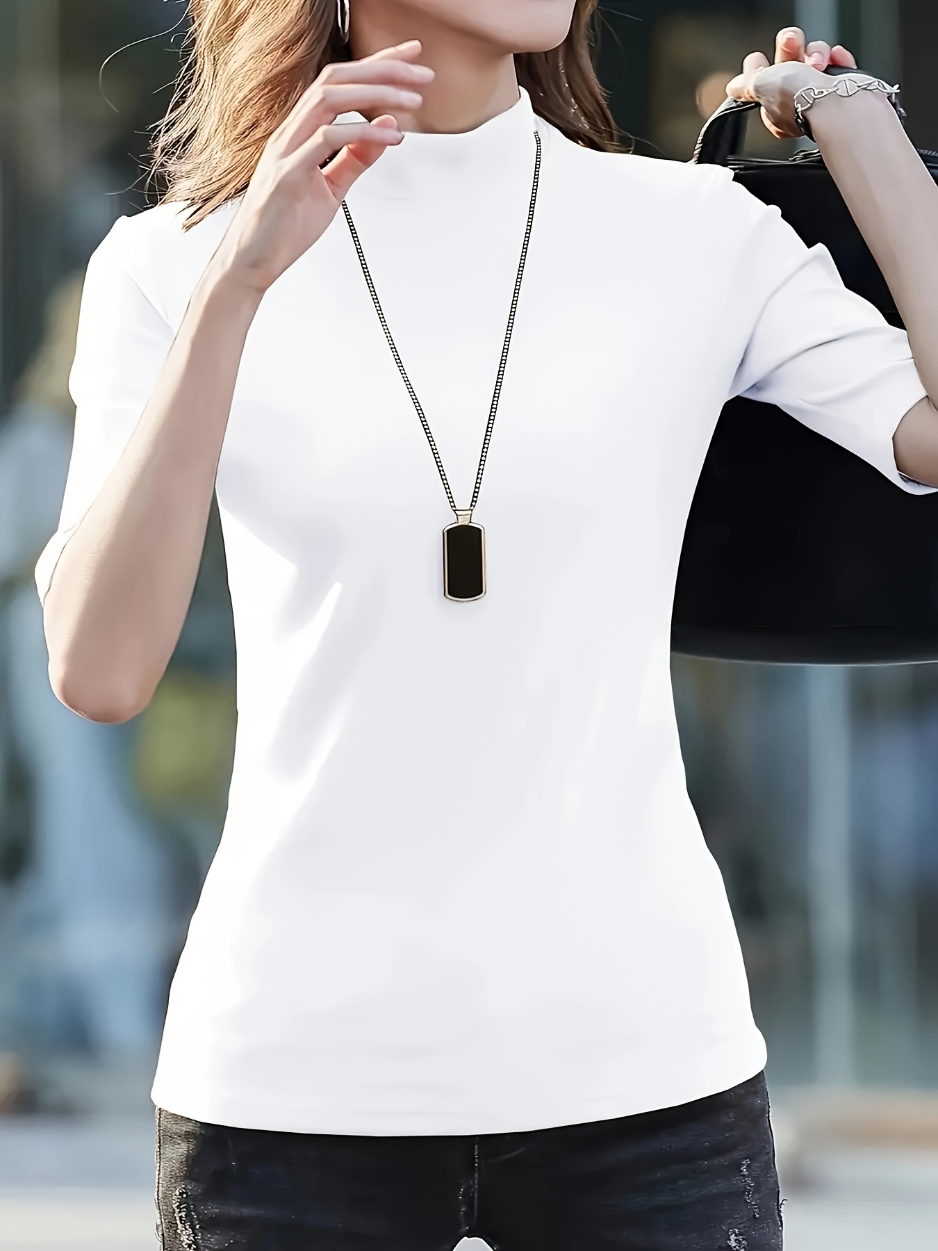 Women's Casual Stretch T-Shirt - Vibrant Green Solid Color, Stand-Up Collar, High Elasticity, Machine Washable, All-Season Comfort Fit, Cute T Shirts, Versatile Clothing, Pearl Necklace Accent