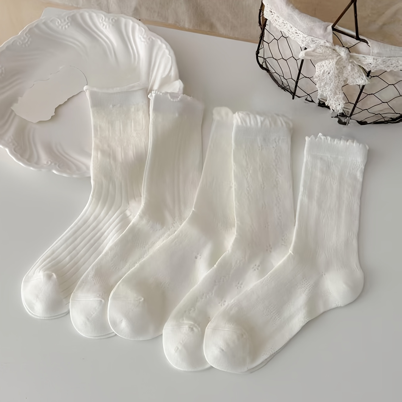 TEMU 5 Pairs Women's Breathable Crimped Hollow Mid-tube Socks - White Hollow , Suitable For Summer, Athletic & Casual Attire, Solid Color Tube Socks