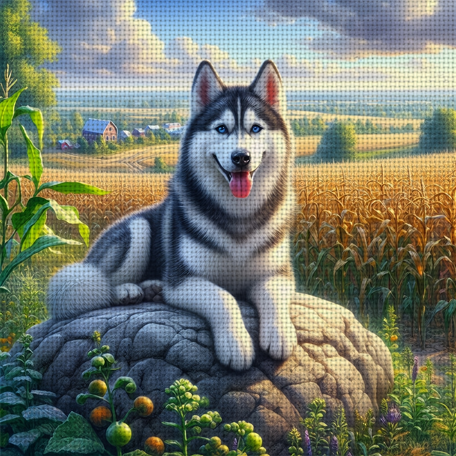 TEMU Kit complet de point de croix à soi-, 1 pièce, pour débutants adultes - Husky avec la langue tirée sur un , toile imprimée avec fils