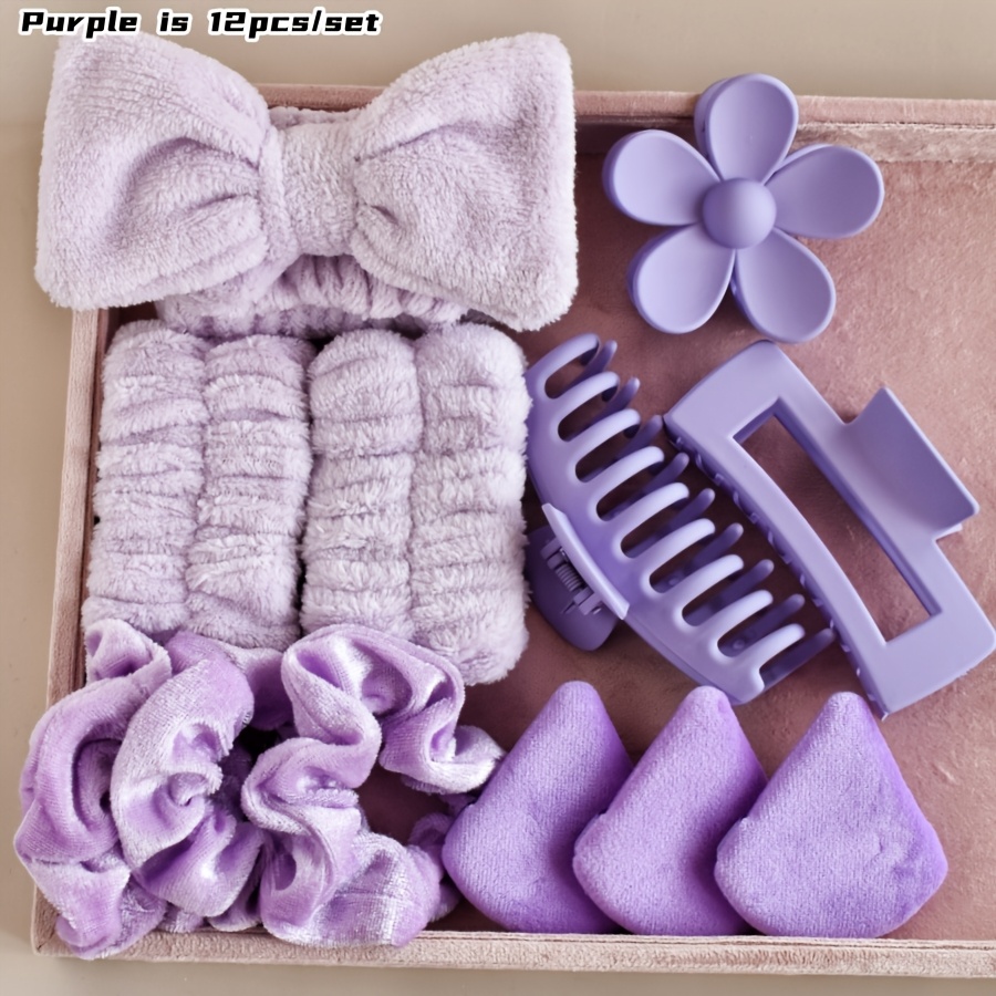 TEMU 12pcs Women's Autumn/winter Flannel Wash Hair Band Velvet Large Ring Non-slip Hair Claw Triangle Powder Powder Combination Set Spa Yoga Exercise