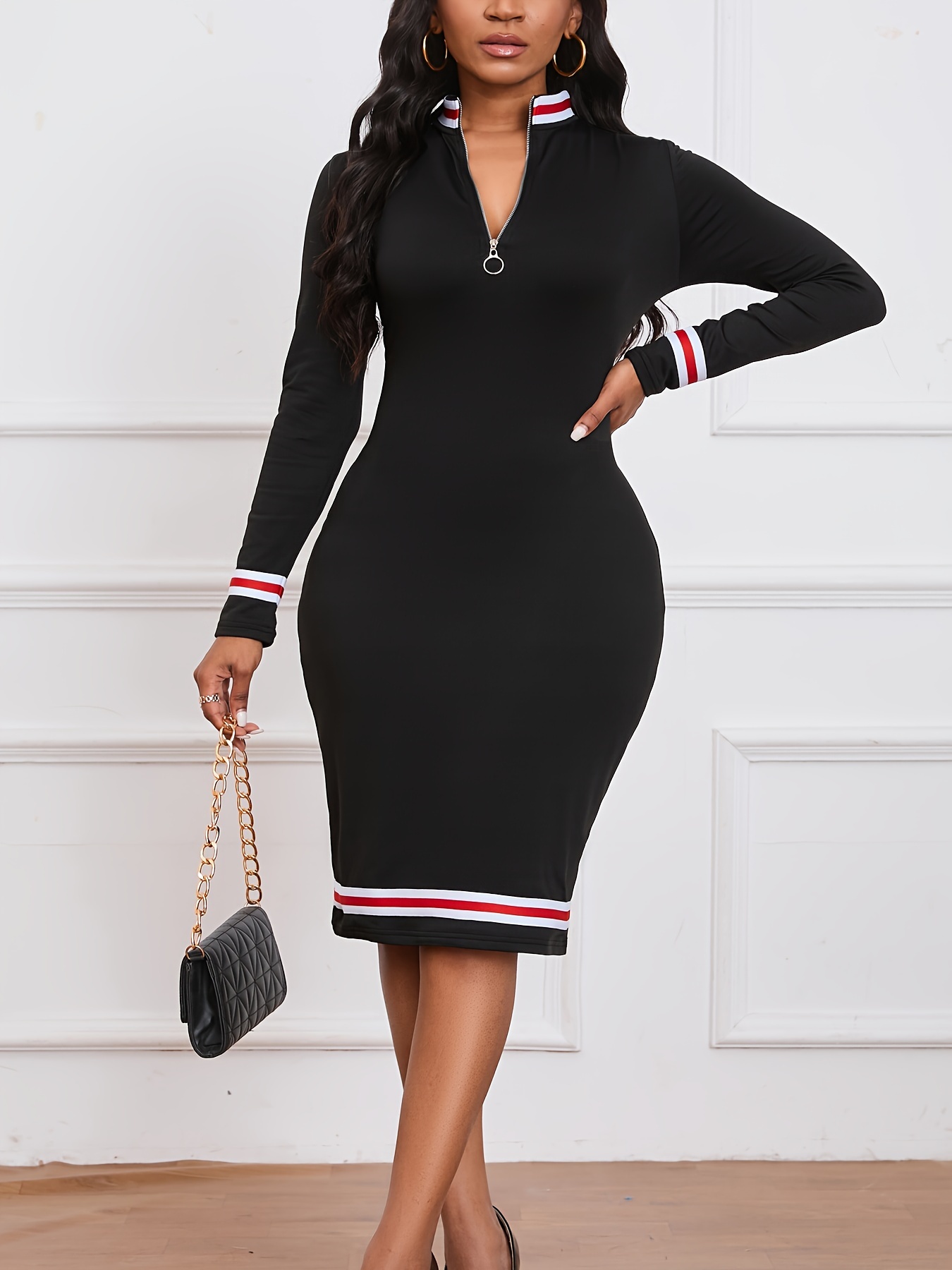 zip up striped print dress casual long sleeve bodycon midi dress womens clothing details 30