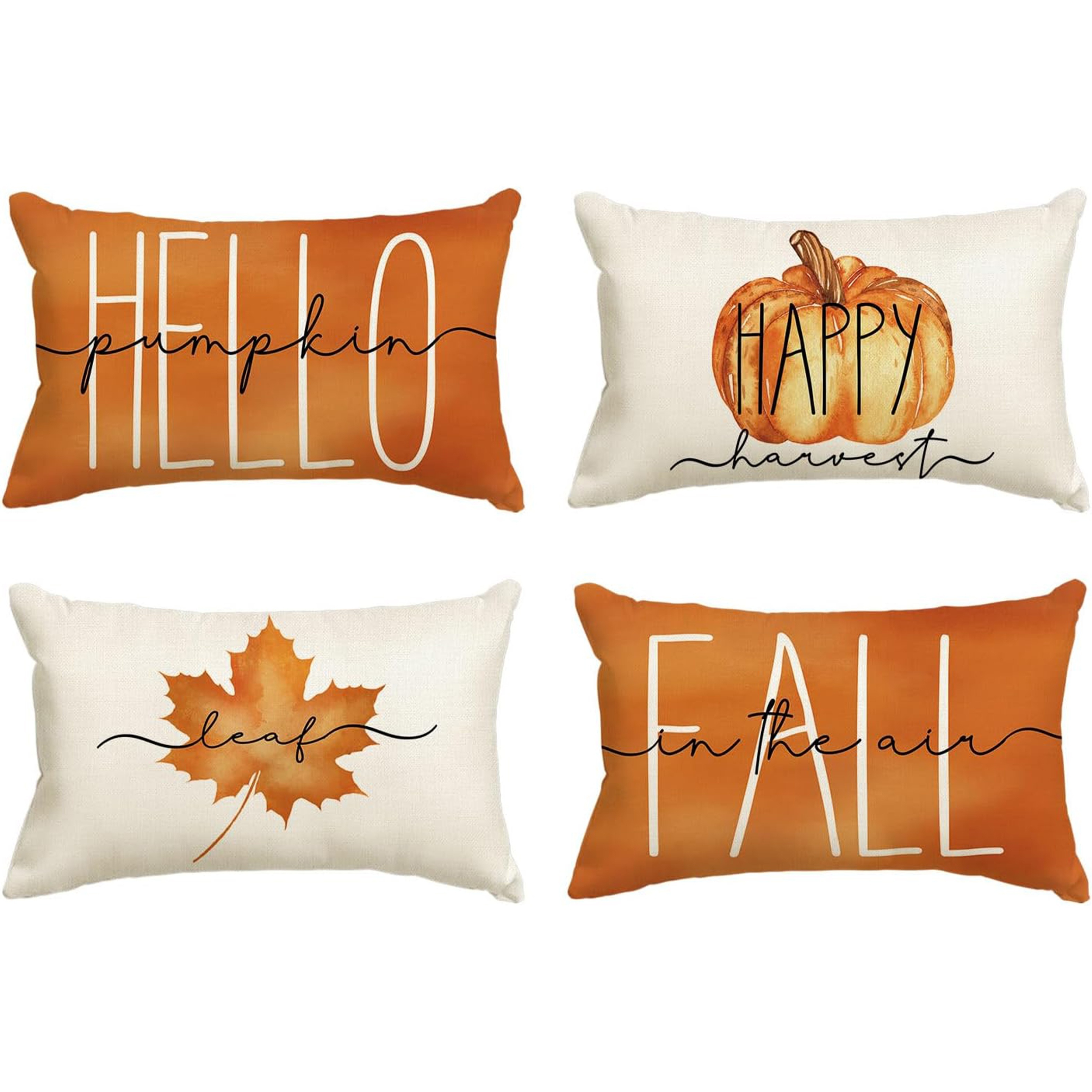 

4-pack Linen Throw Pillow Covers 12x20 Inch - Contemporary Autumn Design With Pumpkin, Maple Leaf, , Fall - Machine Washable, Zipper Closure, Woven Cushion Cases For Home Decor