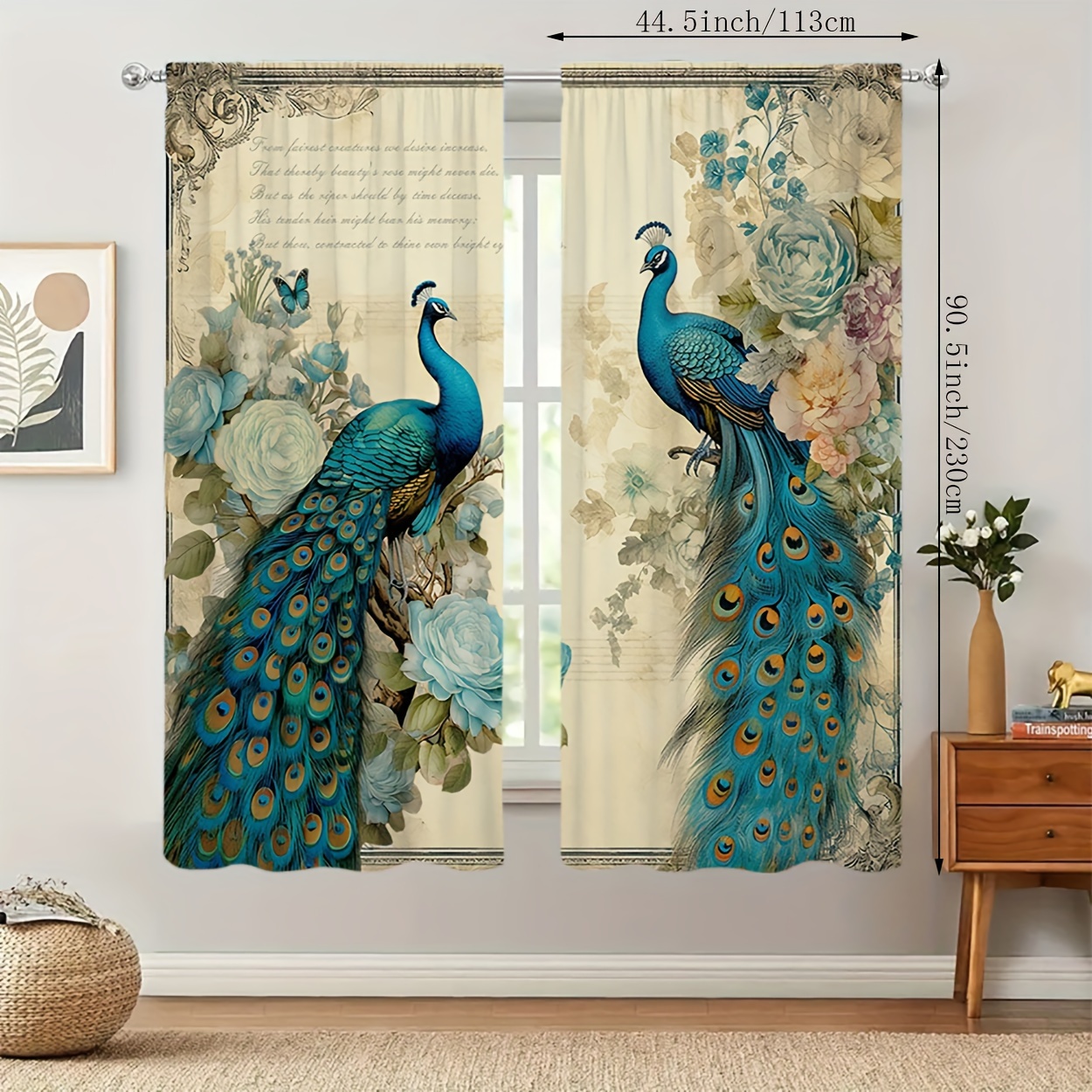 Image of 2pcs Peacock Style Printed Curtains Home Decoration Rod Pocket Window Treatment For Bedroom, Office, Kitchen, Living Room And Study, Suitable For Driving Rod