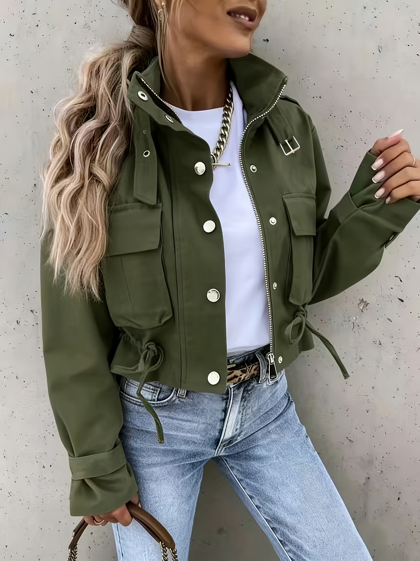   womens casual zip up jacket trendy lapel button long sleeve pocket biker coat spring autumn design with drawstring stand up collar top