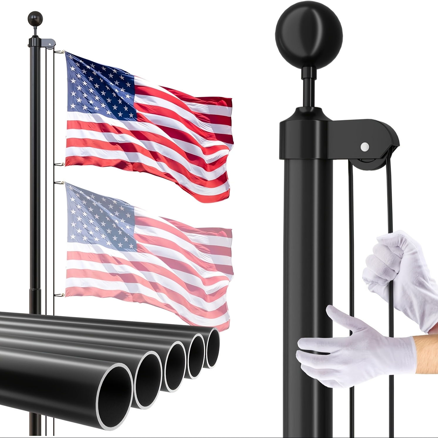 

Heavy-duty 14 Gauge Black Aluminum Flagpole Kit - 20ft Outdoor Ground Flagpole With 3x5 U.s. Flag, Rust-resistant, For Residential Or Commercial Use