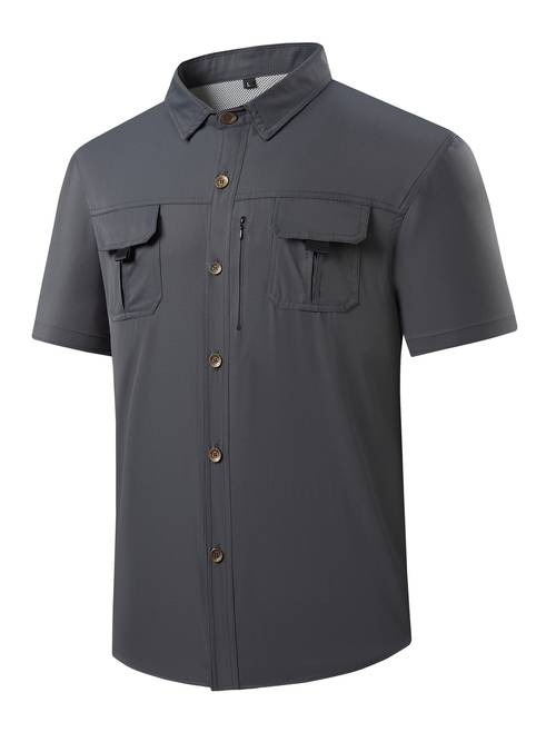 imagen del artículo camisa de para hombre, transpirable, de rápido, color liso, multi-bolsillos con cremallera de malla, casual, de manga corta con botones