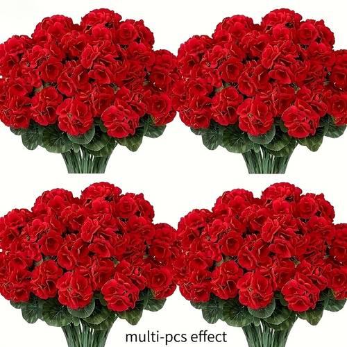 60 flowers 4 bouquets outdoor uv resistant artificial geranium flowers with green leaves suitable for garden courtyard wedding and home centerpiece arrangements outdoor decoration red geranium flowers garden plants home kitchen