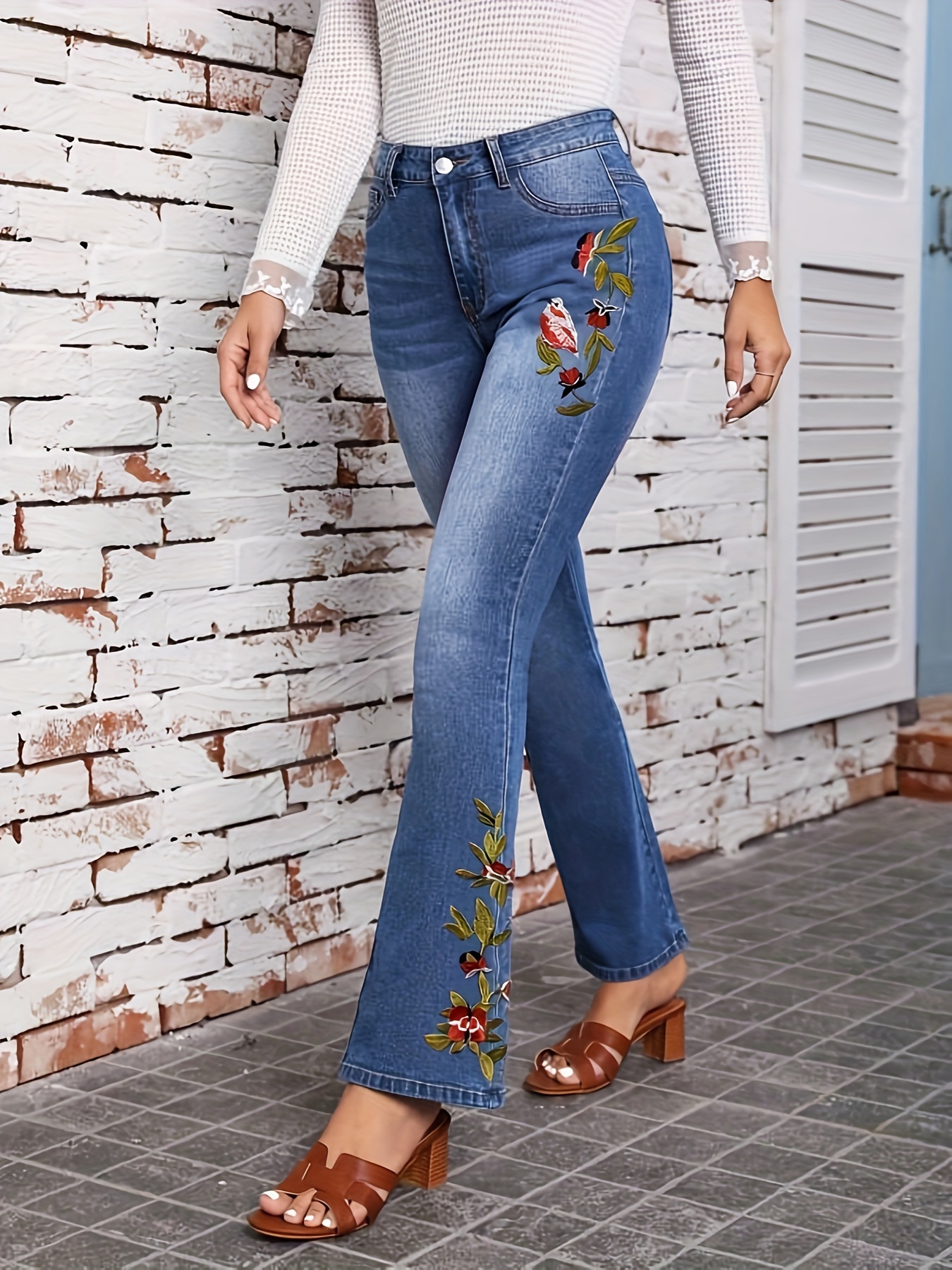 Floral Embroidered Niche Flare Jeans, Slant Pockets High Stretch Bell  Bottom Jeans, Women's Denim Jeans & Clothing