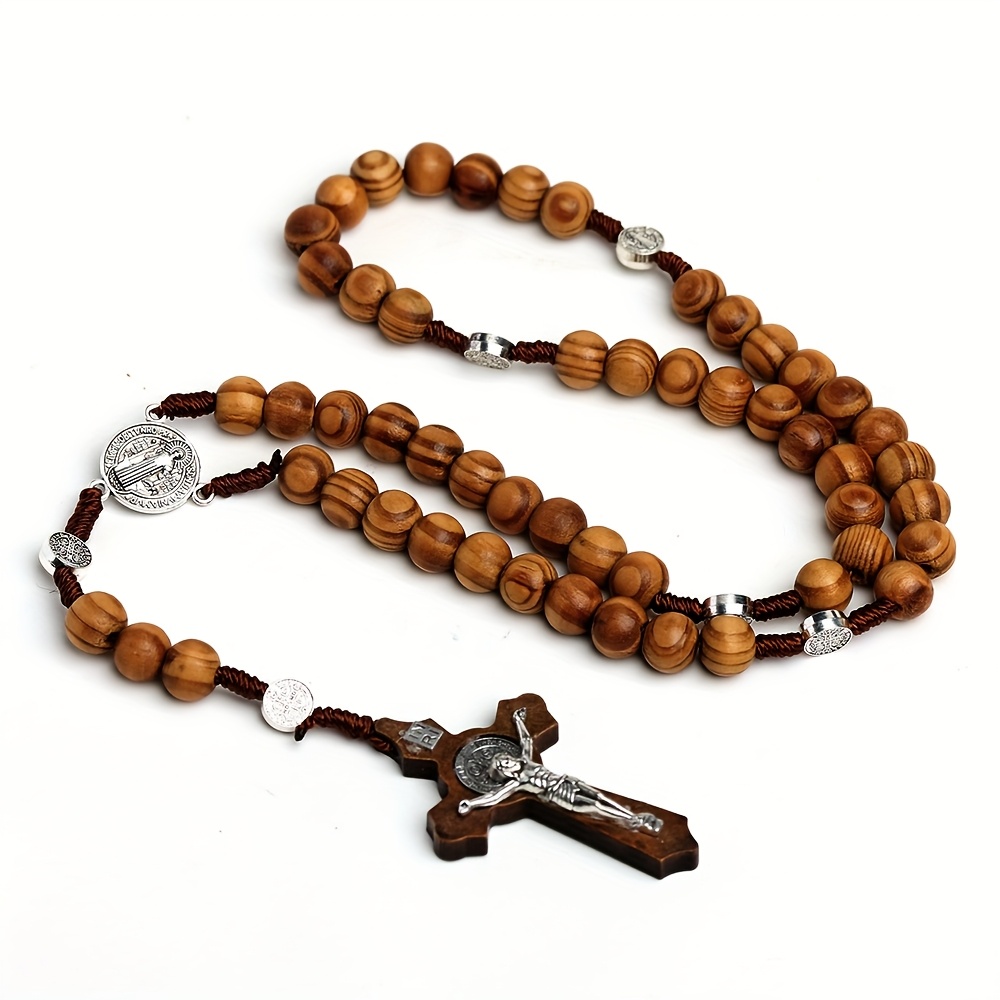 Handcrafted Wooden Cross Rosary Necklace With Beads - Religious Symbol, Daily Use, Gift For Easter, Mardi Gras, And Campus Celebrations
