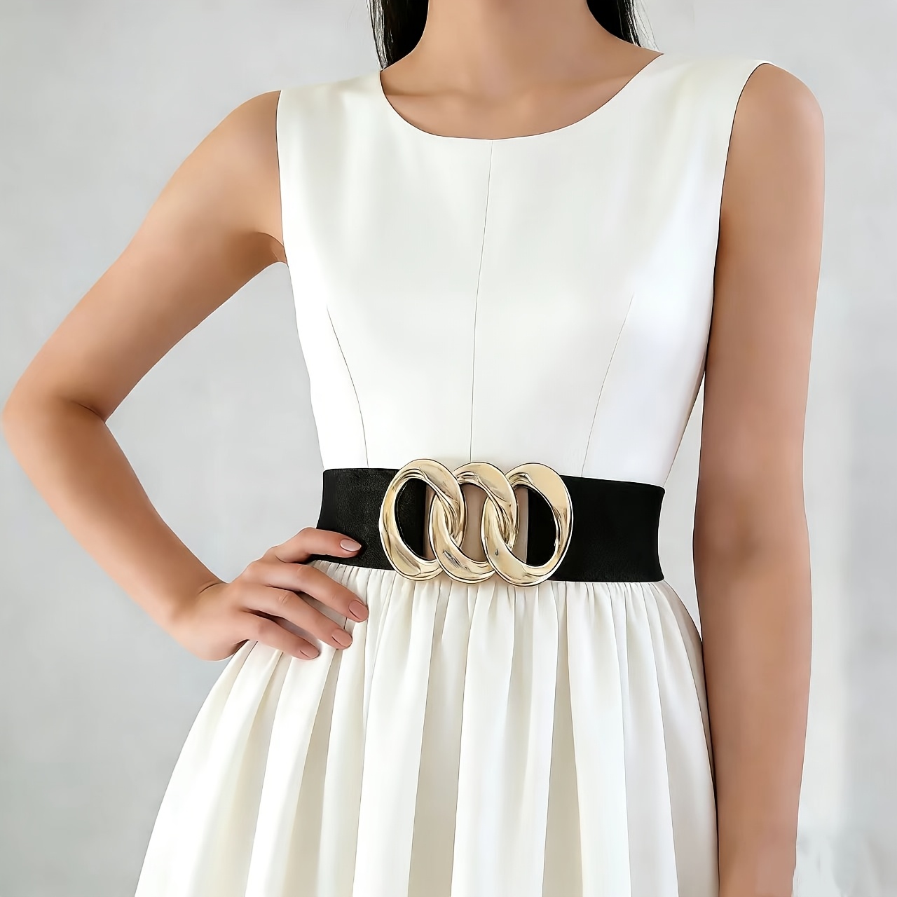 slim fit dress slacks Zimora Gold Buckle Waist Drape Maxi Dress White– Selfie Leslie main image 1