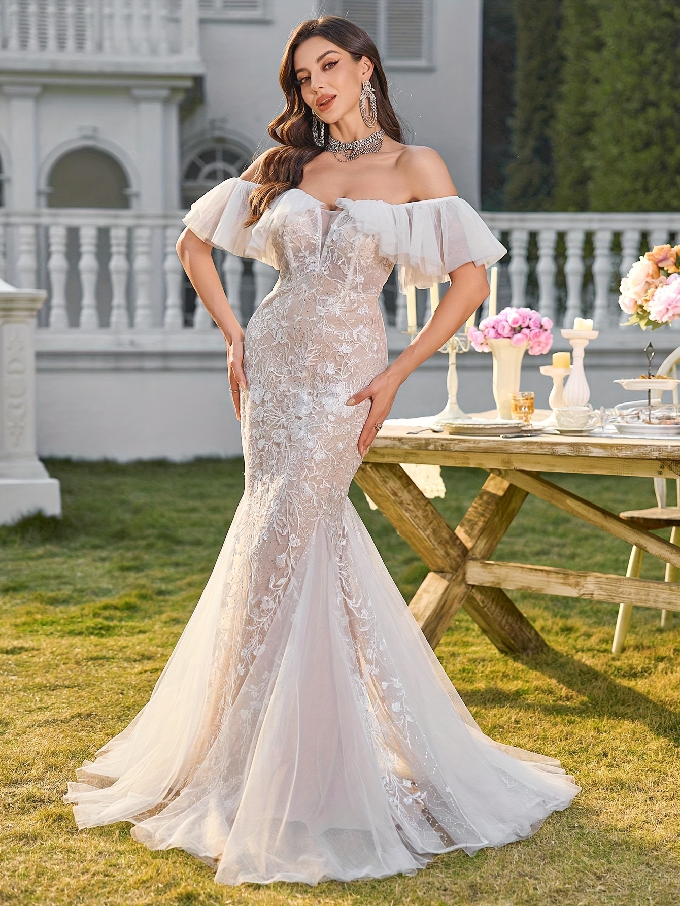 Off-Shoulder Lace Mermaid Gown with Illusion Corset White main image 1