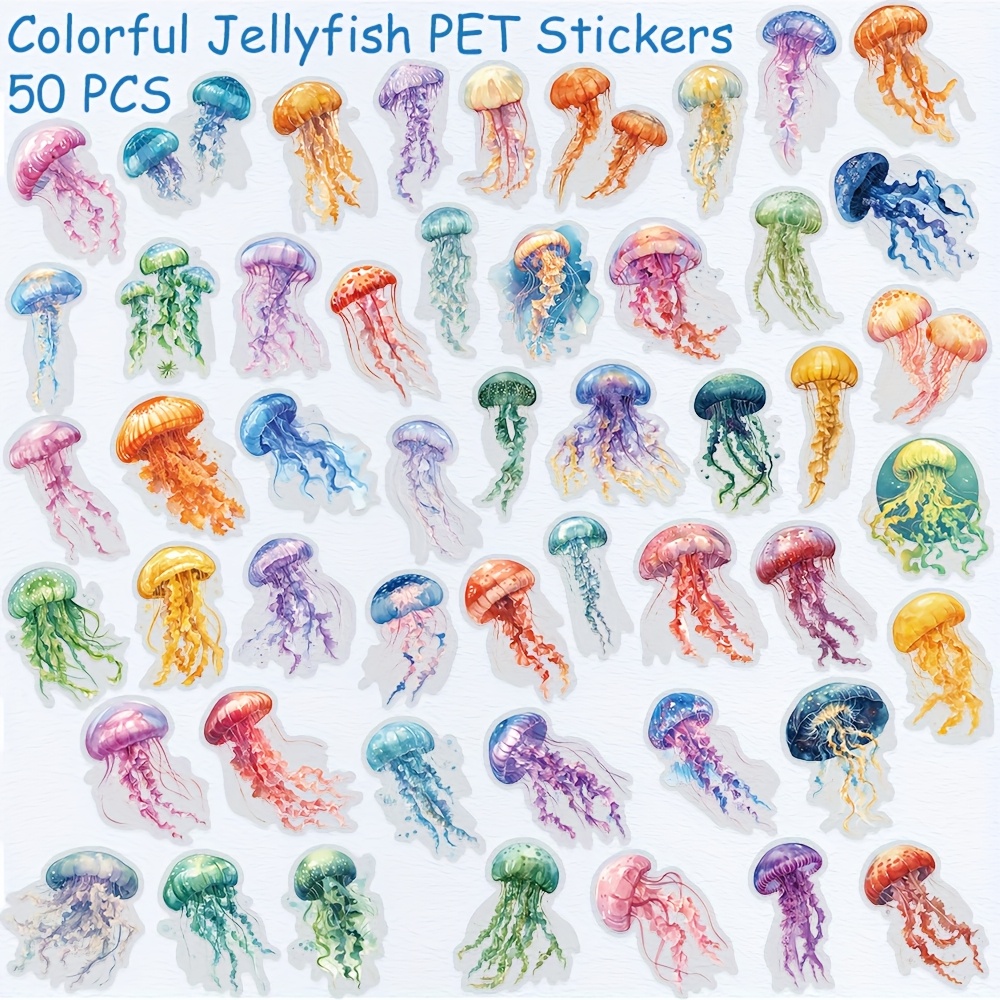 Set Of 50 Vibrant Jellyfish Stickers Made Of Transparent Pet, Perfect For Decorating Phones, Notebooks, Luggage, Skateboards, Helmets, And More. Ideal For Projects And Gifts
