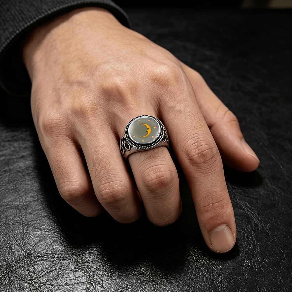 Classic Black Adjustable Ring with Yellow Crescent Moon