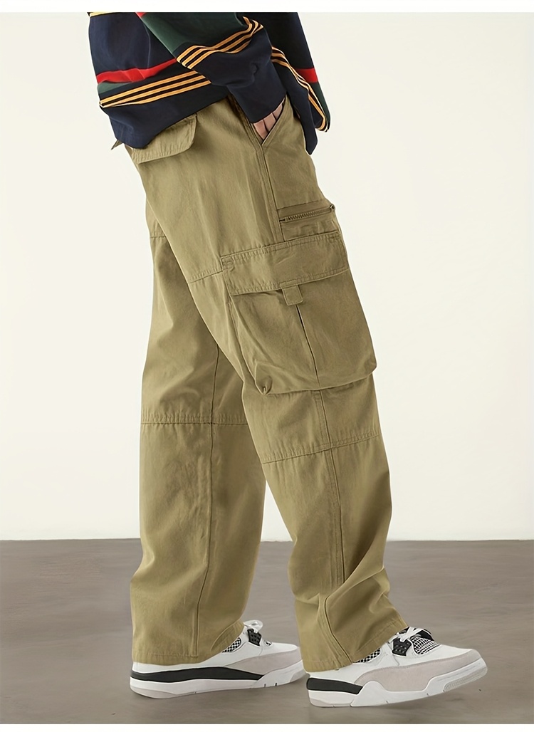 mens casual solid color polyester cargo pants comfortable loose fit with flap pockets and zipper design   woven fabric non stretch regular length for outdoor activities and daily wear Product details 6