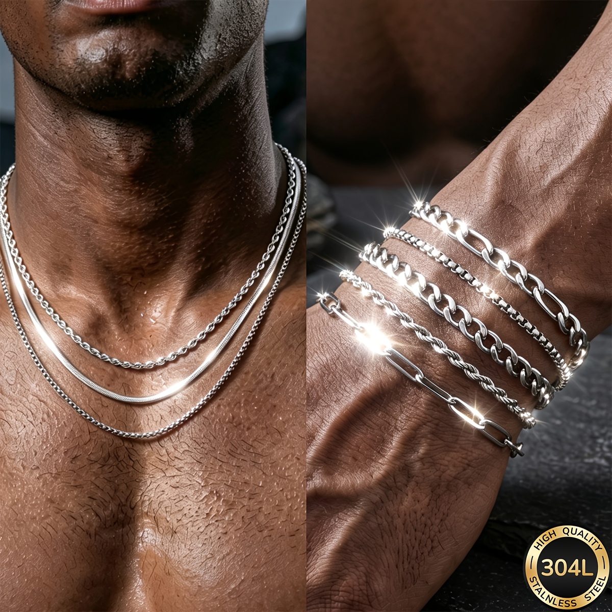 TEMU 8pcs Men's 304l Stainless Steel Necklace And Bracelet Set, Suitable For Daily Casual Gatherings, Men's Jewelry Set, Fashionable Accessories