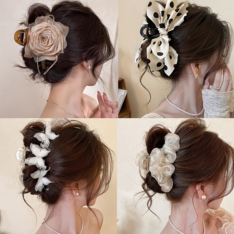 TEMU 4pcs Set Of Gentle Flower Bow Hair Claws, Large Mesh Bubble Gauze Hair Clips, Korean- Updo Shark Clips For Women