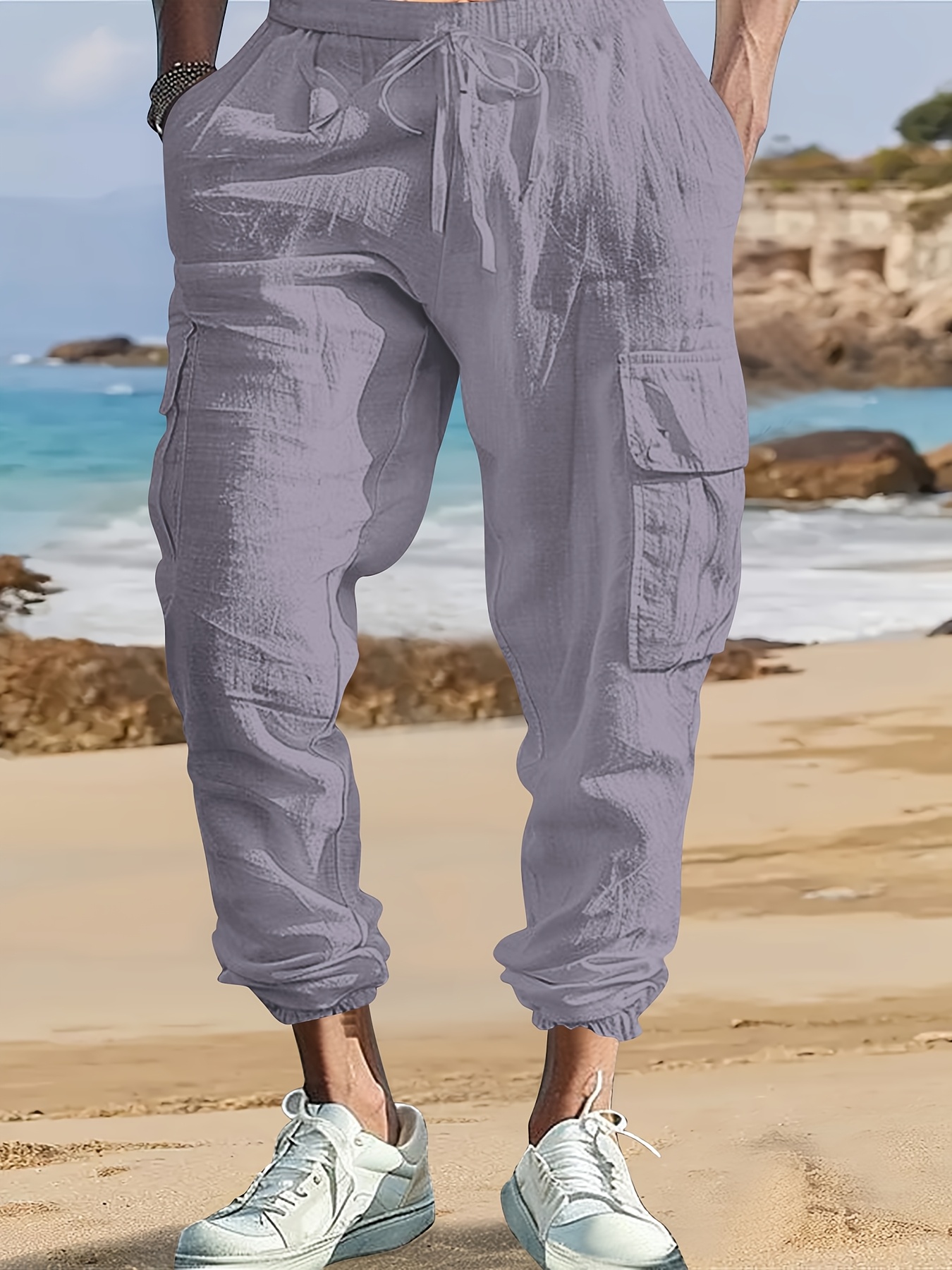 men's cotton linen casual cargo pants elastic cuffs multiple